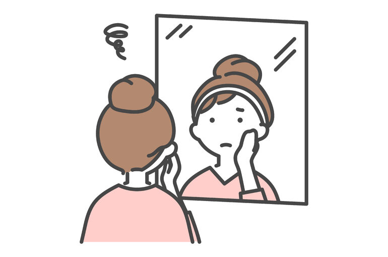 鏡見て悩む女性イラスト